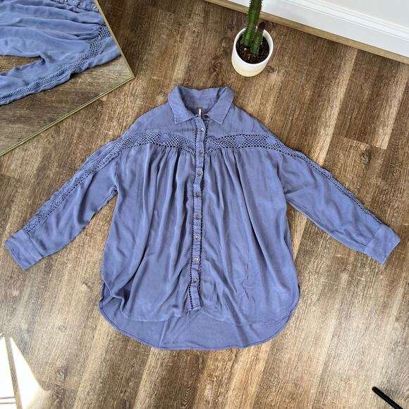 Free People Katie Bird Lace Crochet-Inset Long Sleeve Shirt - Picture 1 of 4